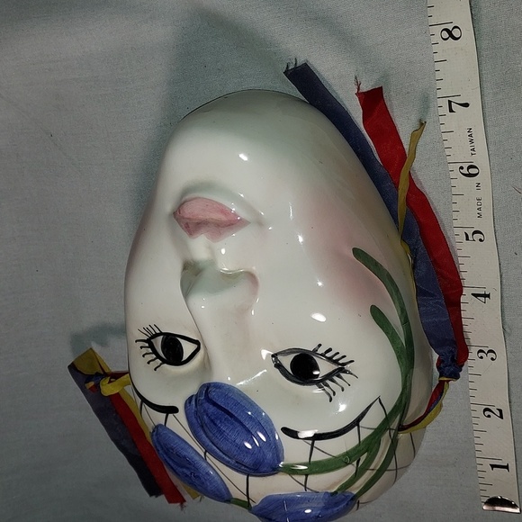 Vintage Hand Painted Ceramic Carnival Wall Mask Blue Flowers Design - Picture 4 of 7